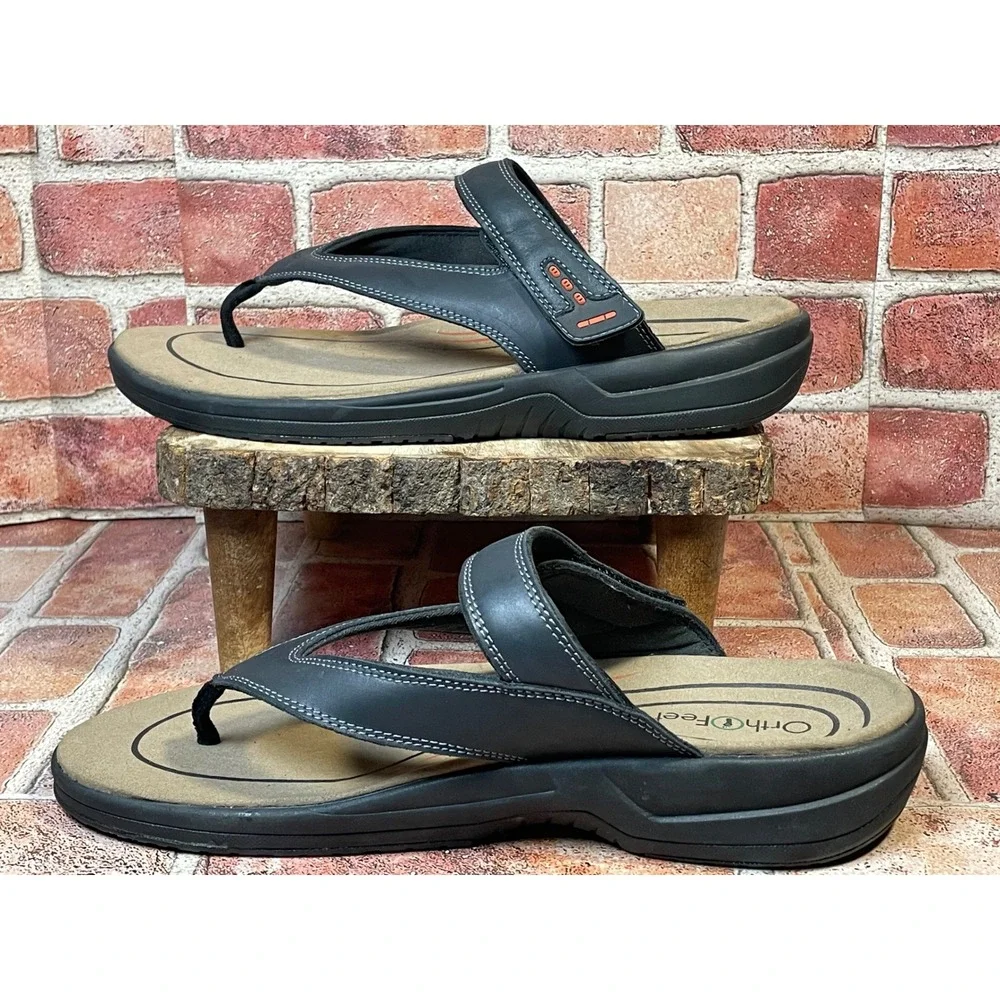 Orthofeet Clearwater Mens Sandals Black Leather Orthotic Flip Flops 567 13 2E W